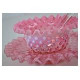 Vintage Fenton Pink Hobnail Glass Bowl and Underplate with Clear Ladle