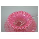 Vintage Fenton Pink Hobnail Glass Bowl and Underplate with Clear Ladle