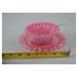 Vintage Fenton Pink Hobnail Glass Bowl and Underplate with Clear Ladle