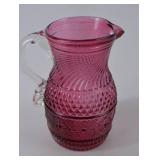 Vintage Cranberry Glass Pitcher with Clear Handle, 5 Inches Tall
