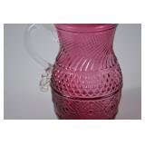 Vintage Cranberry Glass Pitcher with Clear Handle, 5 Inches Tall