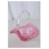 Fenton Pink Ruffled Glass Basket with Clear Handle, 8 Inch Height
