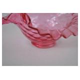Fenton Pink Ruffled Glass Basket with Clear Handle, 8 Inch Height