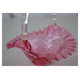 Fenton Pink Ruffled Glass Basket with Clear Handle, 8 Inch Height