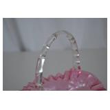 Fenton Pink Ruffled Glass Basket with Clear Handle, 8 Inch Height