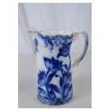 Antique Flow Blue Floral Porcelain Pitcher, 9 Inch