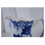 Antique Flow Blue Floral Porcelain Pitcher, 9 Inch