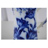 Antique Flow Blue Floral Porcelain Pitcher, 9 Inch