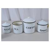 Set of 4 Vintage White Enamel Canisters - Coffee, Tea, Sugar, Cream