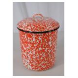 Vintage Red and White Enamelware Canister with Lid, 10 in Tall