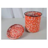 Vintage Red and White Enamelware Canister with Lid, 10 in Tall