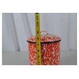 Vintage Red and White Enamelware Canister with Lid, 10 in Tall