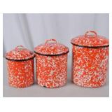 Set of 3 Vintage Red and White Enamelware Canisters with Lids