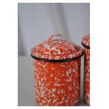 Set of 3 Vintage Red and White Enamelware Canisters with Lids