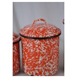 Set of 3 Vintage Red and White Enamelware Canisters with Lids