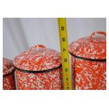 Set of 3 Vintage Red and White Enamelware Canisters with Lids