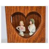 Vintage Oak Wall Shelf With Miniature Porcelain Figurines
