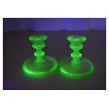 Pair Vintage Vaseline Glass Candlesticks Uranium Glass Glows UV