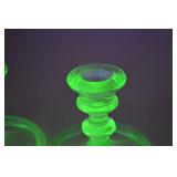Pair Vintage Vaseline Glass Candlesticks Uranium Glass Glows UV