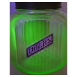 Vintage Uranium Glass Cookie Jar with Arco Coffee Label