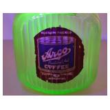 Vintage Uranium Glass Cookie Jar with Arco Coffee Label