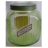 Vintage Uranium Glass Cookie Jar with Arco Coffee Label