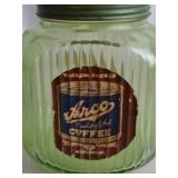 Vintage Uranium Glass Cookie Jar with Arco Coffee Label