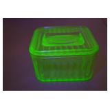 Depression Era Uranium Glass Refrigerator Dish with Lid, Ribbed Design