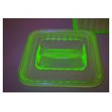 Depression Era Uranium Glass Refrigerator Dish with Lid, Ribbed Design