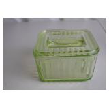 Depression Era Uranium Glass Refrigerator Dish with Lid, Ribbed Design