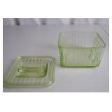 Depression Era Uranium Glass Refrigerator Dish with Lid, Ribbed Design