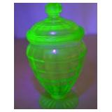 Vintage Uranium Depression Glass Lidded Candy Jar