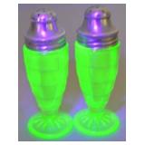 Depression Glass Uranium Salt and Pepper Shakers with Metal Lids
