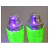 Depression Glass Uranium Salt and Pepper Shakers with Metal Lids