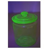 Vintage Uranium Glass Canister Jar with Lid, Glows Under UV, 5 Inch