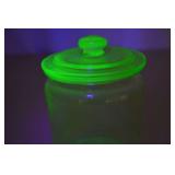 Vintage Uranium Glass Canister Jar with Lid, Glows Under UV, 5 Inch