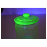 Vintage Uranium Glass Canister Jar with Lid, Glows Under UV, 5 Inch