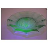 Vintage uranium glass dish, 8.5 in, pressed pattern