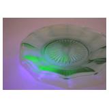 Vintage uranium glass dish, 8.5 in, pressed pattern