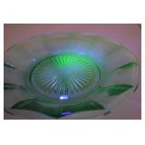 Vintage uranium glass dish, 8.5 in, pressed pattern