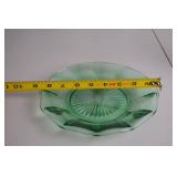 Vintage uranium glass dish, 8.5 in, pressed pattern