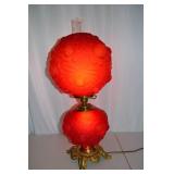 Red Glass Hurricane Parlor Lamp with Floral Relief Design