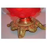 Red Glass Hurricane Parlor Lamp with Floral Relief Design
