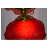 Red Glass Hurricane Parlor Lamp with Floral Relief Design