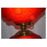 Red Glass Hurricane Parlor Lamp with Floral Relief Design