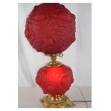 Red Glass Hurricane Parlor Lamp with Floral Relief Design