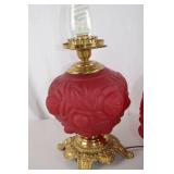 Red Glass Hurricane Parlor Lamp with Floral Relief Design