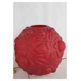 Red Glass Hurricane Parlor Lamp with Floral Relief Design