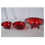 Set of 3 Red Glass Decorative Bowls - Various Footed & Patterned Styles