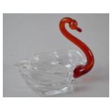 Art Glass Swan Figurine With Red Neck, 5 Inch